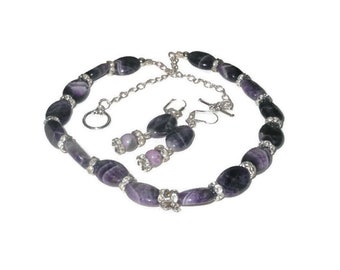 Amethyst and crystal necklace and pierced earrings, handmade set, can be shortened for choker, silver plated, natural gemstone