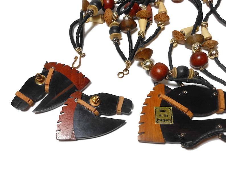 Wooden horse necklace and earrings browns creams carved tribal style lightweight beads boho ethnic statement ranch cowgirl