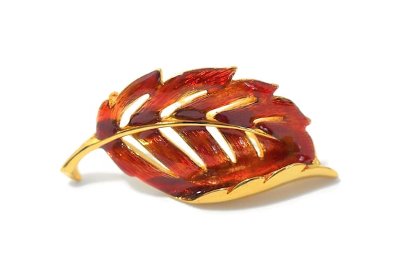 Autumn leaf brooch, Burnt orange fall leaf pin, orangish-red enamel turned leaf with openwork