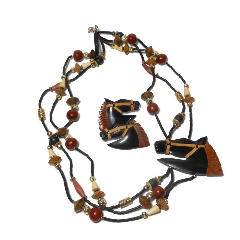 Wooden horse necklace and earrings browns creams carved tribal style lightweight beads boho ethnic statement ranch cowgirl