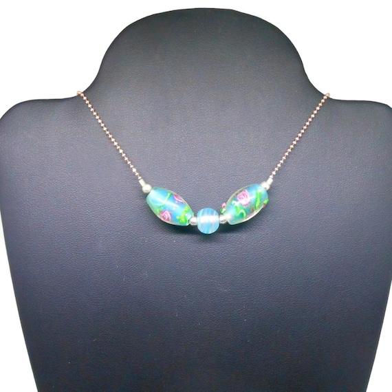 Lampwork necklace, rose gold plated over sterling silver, two tone sterling & rose chain, blue green lampwork beads, floral beads, handmade