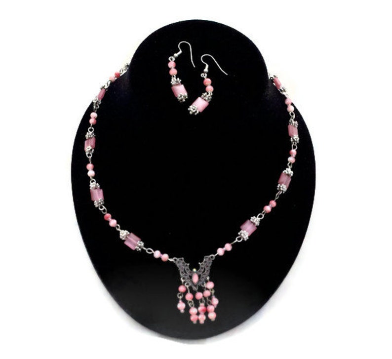 Pink Fiber Optic Glass Necklace and Earrings Made With Etsy