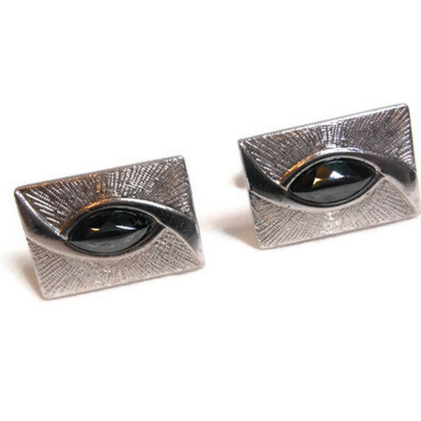 1950's Anson cuff links, signed Hematite faceted silver tone rectangular cuff links birthstone for Aries and Aquarius