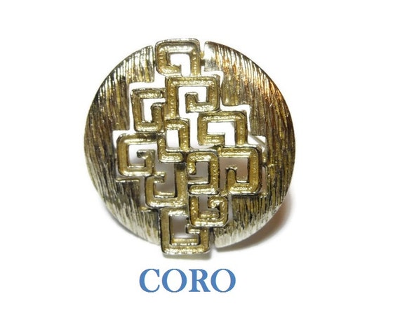 Coro modernist brooch, 1960s geometric cutout shapes in round wavy textured brooch, cubism design, Modrian squares, gold textured, mod
