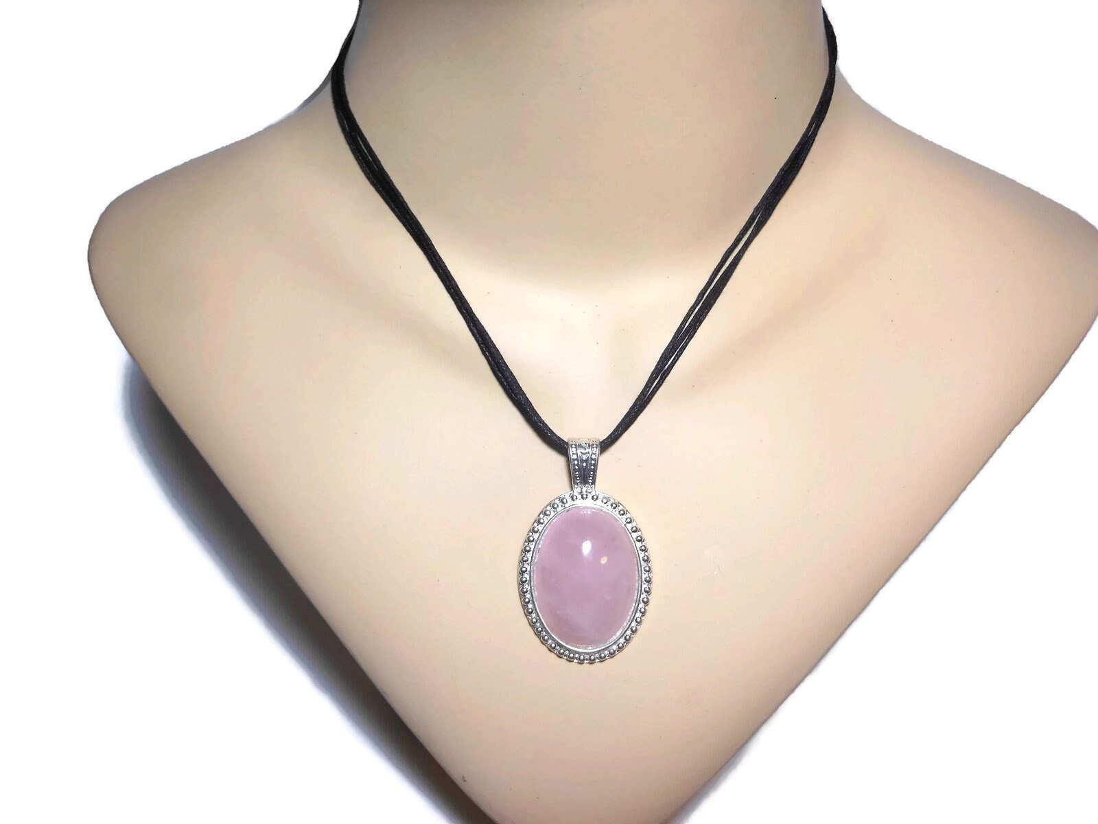 Pink Quartz Pendant Necklace Oval Cabochon In Silver