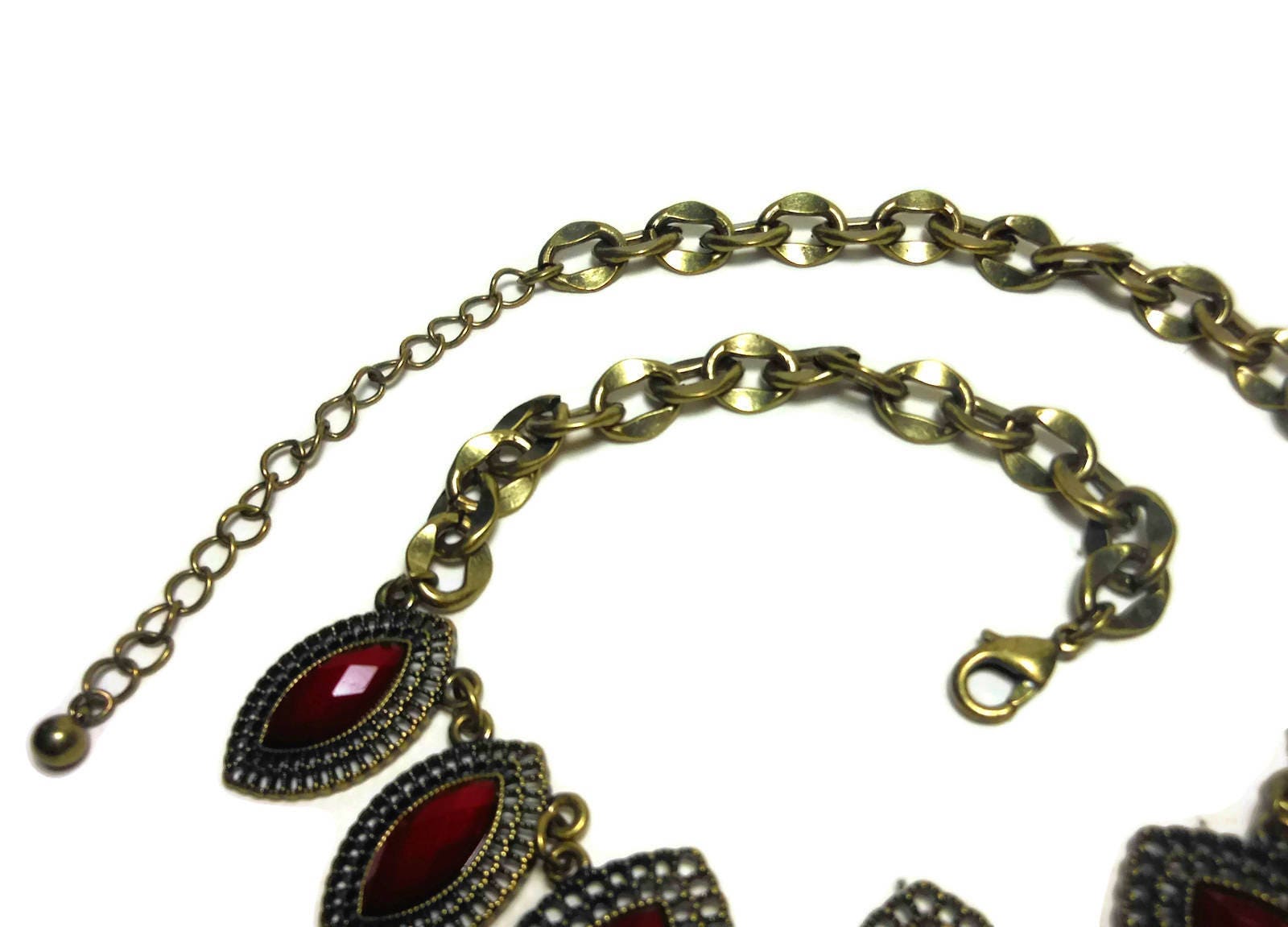 Red bib necklace, ruby red necklace, marquise cut cabochons, lucite red