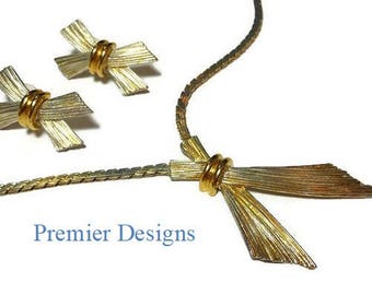 Premier Designs Necklace and Earrings Demi Parure, gold wheat sheaves chain necklace and post earrings, two tone silver gold