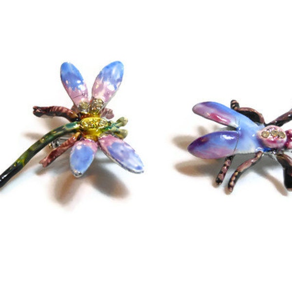 Hand painted dragonfly and fly enamel rhinestone brooches