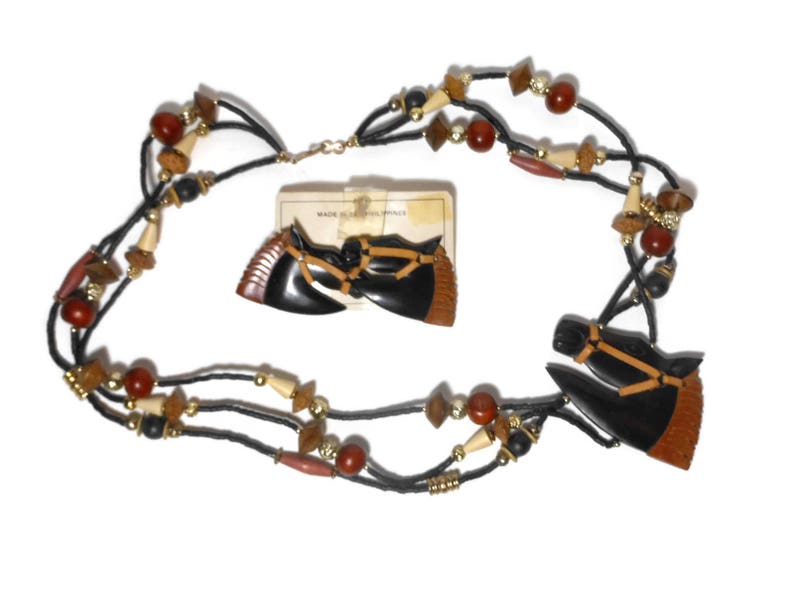 Wooden horse necklace and earrings browns creams carved tribal style lightweight beads boho ethnic statement ranch cowgirl