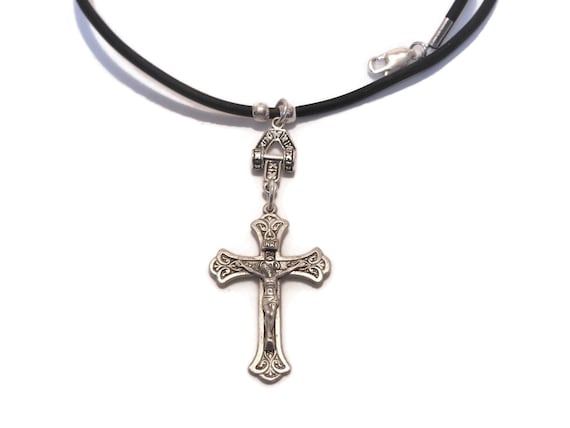 Sterling crucifix cross pendant, silver Crucifix, black cord sterling findings, unisex pendant, religious gift, 925 silver, handmade
