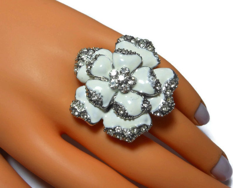 Large flower cocktail ring white enamel petals clear Etsy