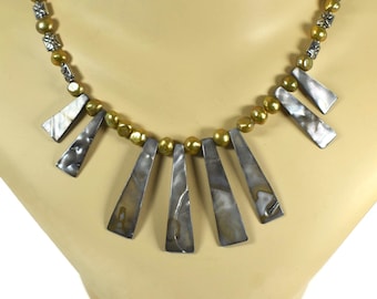 Abalone and pearl choker, gray graduated abalone shell and gold genuine potato pearls with silver plated square spacers