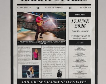 Póster de concierto personalizado con estilo de periódico de Harry Styles