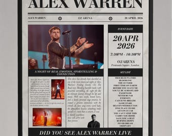 Poster personalizzato di Alex Warren con la scritta "I Was There" tratta dal giornale - Stampa personalizzata della scaletta