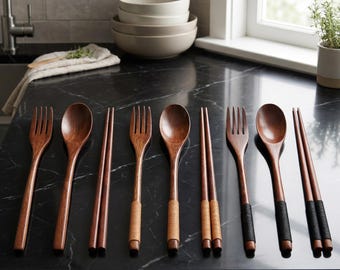 Juego de cuchara y tenedor de madera, vajilla ecológica, juego de utensilios de madera natural, cubiertos reutilizables, juego de comedor minimalista para cocina.