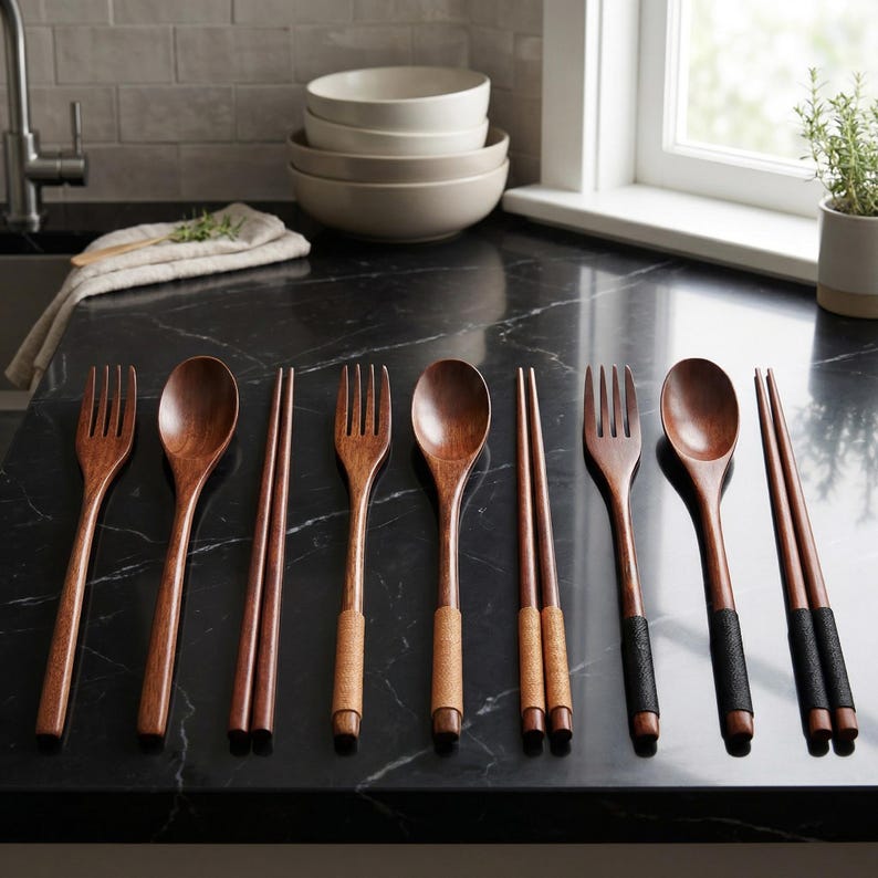 May include: Wooden cutlery set featuring forks, spoons, and chopsticks. The spoons and chopsticks have a dark brown finish, while the forks have a lighter brown finish. Some chopsticks and spoons have textured grips. The set is arranged on a black countertop.