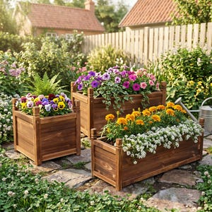 Può includere: Tre fioriere rettangolari in legno piene di fiori colorati. Le fioriere sono tinte di un marrone scuro e hanno dei pali decorativi agli angoli. I fiori includono viole, petunie, calendule e alisso.