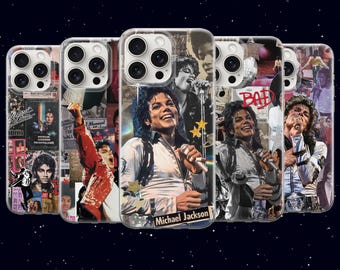 May include: A collection of clear phone cases featuring images of Michael Jackson. The cases display various photos of the singer, including performance shots and album art. The cases have a collage-like design with text and star accents.