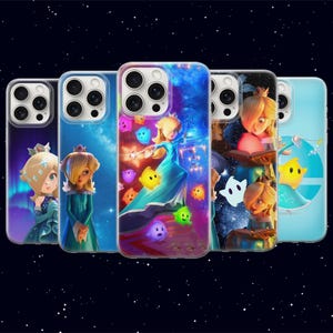 May include: Five phone cases showcasing a cartoon character in a blue dress and crown. The cases have a clear background with a starry night sky and colourful floating stars. The character is holding a wand and reading a book.