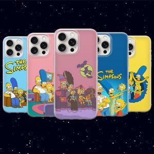 May include: Five phone cases with The Simpsons characters in various designs. Each case is a different colour, with images of Homer, Marge, Bart, Lisa, and Maggie. The cases are made of a glossy material and have a protective bumper.