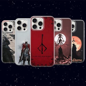 May include: Five smartphone cases featuring dark fantasy illustrations. Designs include a character in a hat, a figure in a red cloak, a central red case with the text FEAR THE OLD BLOOD, a silhouette under a moon, and a figure with the text Bloodborne.