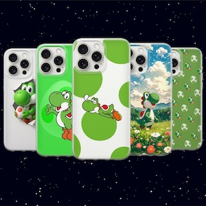 May include: A collection of five phone cases featuring the character Yoshi from the Super Mario franchise. The cases showcase various designs, including Yoshi emerging from a torn background, and Yoshi in different poses against colorful backgrounds.