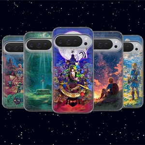 Może przedstawiać: Pięć etui na smartfony z różnymi scenami z serii gier wideo The Legend of Zelda. Każde etui przedstawia unikalną, kolorową ilustrację, w tym postacie takie jak Link, Miecz Mistrza i księżyc, z wycięciem na aparat w górnej części.