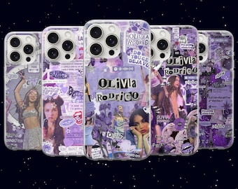 May include: A collection of purple phone cases featuring images of Olivia Rodrigo. The cases have a collage design with photos, text, and graphics. The text includes "OLIVIA RODRIGO", "SOUR", and song lyrics. The cases are arranged against a dark background with white stars.