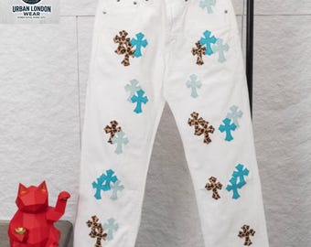White Cross Patch Jeans Leopard Blue Design Y2K Streetwear Baggy Denim Unisex Pants Vintage