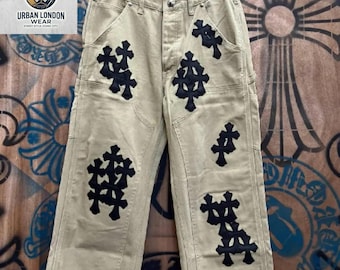 Brand New Beige Cross Patch Jeans – Gothic Streetwear Pants