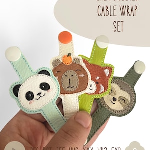 Lazy Buddies ITH Cable Organizer Bundle, 4-in-1 Animal Embroidery Design, Panda, Sloth, Red Panda, Capybara Cord Keeper Pack, 4x4 frame