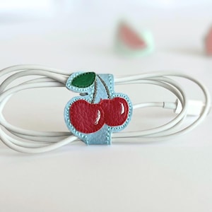 Cherry Cable Organizer ITH Embroidery Design, Fruit Cord Wrap Pattern, In The Hoop Faux Leather Applique, Digital Download Machine Files