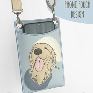 May include: A light blue phone pouch with a beige strap and an embroidered golden retriever wearing a white hat. The pouch features the text ITH PHONE POUCH DESIGN and file formats .PES .DST .JEF .HUS .XXX .VP3 .EXP printed on the image.