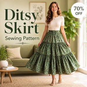 Ditsy Tiered Skirt Sewing Pattern PDF | Women's Midi Skirt Pattern | Gathered Skirt Sewing XS-2XL | A0, A4 & US Letter Instant Download