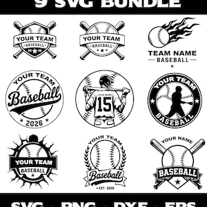 Può includere: Un pacchetto SVG in bianco e nero con nove design a tema baseball. I design includono palline da baseball, mazze e loghi di squadre con testo come "Your Team" e "Baseball". Il pacchetto include anche informazioni sul tipo di file: SVG, PNG, DXF ed EPS.