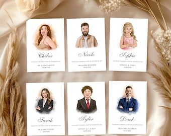 Segnaposto personalizzati con ritratti degli invitati ad acquerello, nomi dei tavoli personalizzati per matrimoni, ricordi dell'evento.