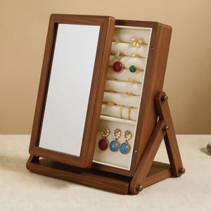 Standing Jewelry Organizer with Mirror, Solid Black Walnut Vanity Storage for Rings, Earrings, Necklaces & Bracelets, Gift for Her