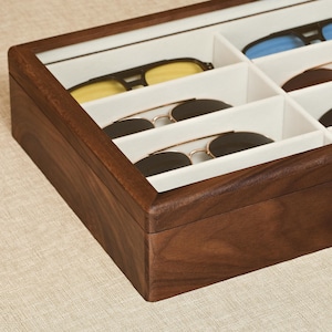 Solid Black Walnut Sunglasses Organizer, 8-Slot Eyeglass Display Case with Clear Lid, Wooden Glasses Storage Box, Gift for Men image 5