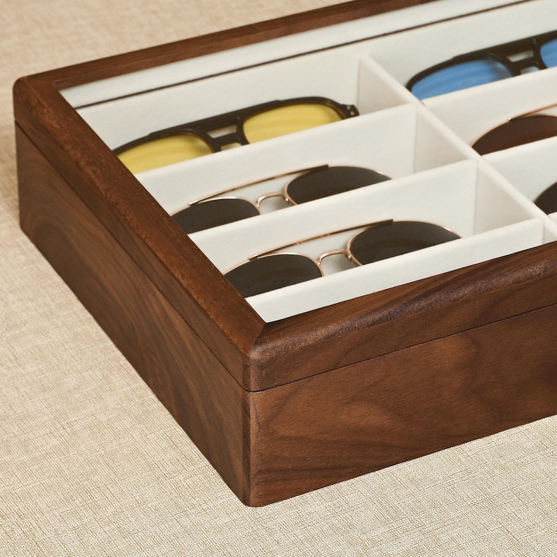 Solid Black Walnut Sunglasses Organizer, 8-Slot Eyeglass Display Case with Clear Lid, Wooden Glasses Storage Box, Gift for Men image 5