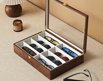 Solid Black Walnut Sunglasses Organizer, 8-Slot Eyeglass Display Case with Clear Lid, Wooden Glasses Storage Box, Gift for Men
