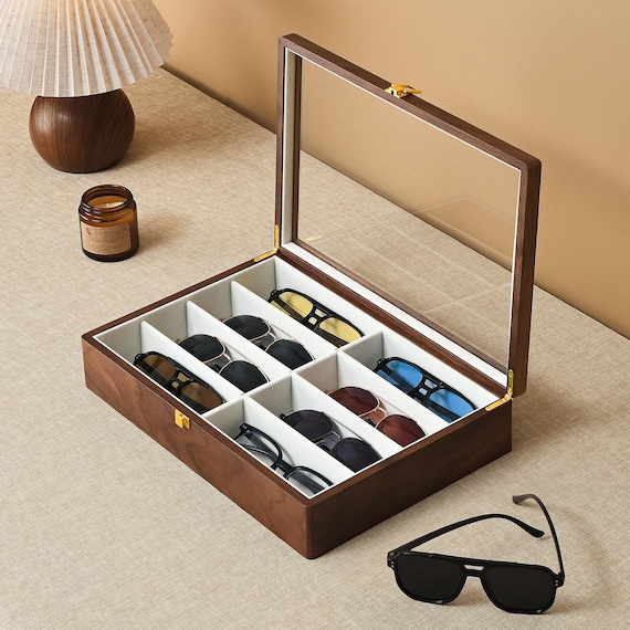 Solid Black Walnut Sunglasses Organizer, 8-Slot Eyeglass Display Case with Clear Lid, Wooden Glasses Storage Box, Gift for Men