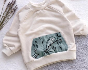 Sudadera infantil con estampado de camaleón, tallas 74 y 86 | Unisex | Con bolsillo | Hecha a mano