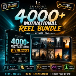 May include: A promotional graphic for a "4000+ Motivational Reel Bundle" with the text "Inspire, Motivate, Transform." The design features a phone displaying reel examples, a product box, and icons for features like HD resolution and copyright-free content. The color scheme is dark with teal and gold accents.