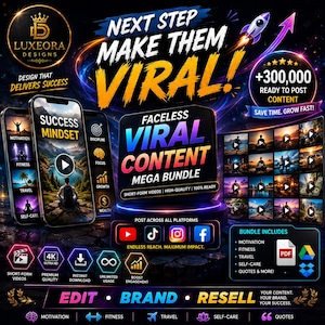 Op de afbeelding: Digitale marketingafbeelding met de tekst "Next Step Make Them Viral!" en "Faceless Viral Content Mega Bundle". De afbeelding bevat mockups van smartphones, social media-iconen en videominiaturen. De bundel bevat korte video's.