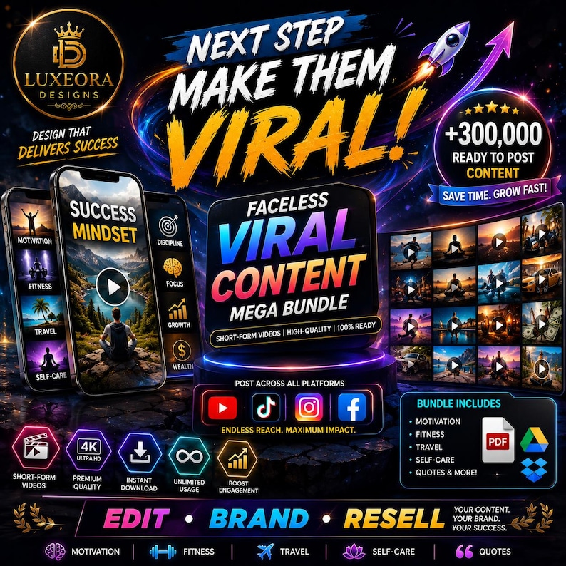 Op de afbeelding: Digitale marketingafbeelding met de tekst "Next Step Make Them Viral!" en "Faceless Viral Content Mega Bundle". De afbeelding bevat mockups van smartphones, social media-iconen en videominiaturen. De bundel bevat korte video's.