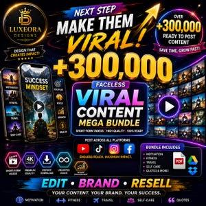 Op de afbeelding: Een promotionele afbeelding met de tekst "Make Them Viral!" en "Faceless Viral Content Mega Bundle." De afbeelding bevat mockups van smartphones met content, social media-iconen en een lijst met bundelinhoud. Het ontwerp gebruikt een levendig kleurenschema.