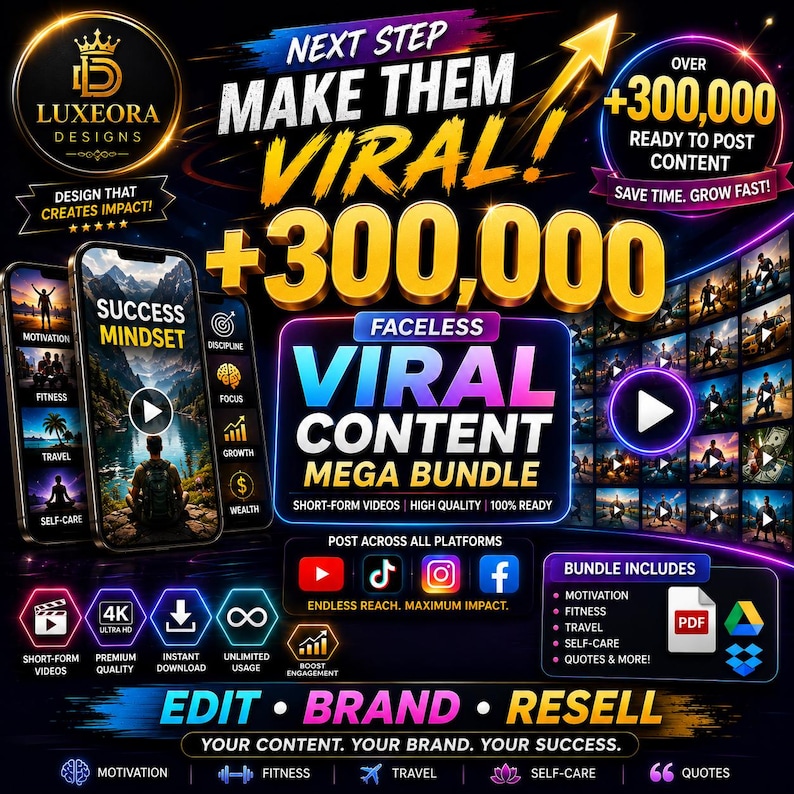 Op de afbeelding: Een promotionele afbeelding met de tekst "Make Them Viral!" en "Faceless Viral Content Mega Bundle." De afbeelding bevat mockups van smartphones met content, social media-iconen en een lijst met bundelinhoud. Het ontwerp gebruikt een levendig kleurenschema.
