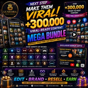 Op de afbeelding: Advertentie voor een digitale marketingbundel met de tekst "Next Step Make Them Viral!" en "Viral-Ready Content Mega Bundle". Bevat telefoonmodellen, social media-iconen en bonusgeschenken. Bevat niches als fitness, comedy en Instagram reels.