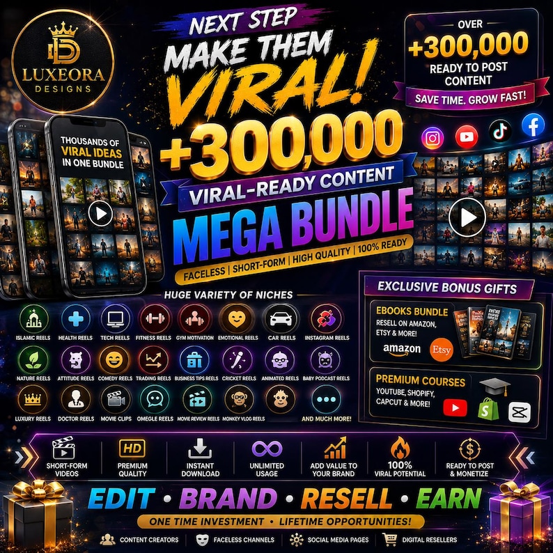 Op de afbeelding: Advertentie voor een digitale marketingbundel met de tekst "Next Step Make Them Viral!" en "Viral-Ready Content Mega Bundle". Bevat telefoonmodellen, social media-iconen en bonusgeschenken. Bevat niches als fitness, comedy en Instagram reels.