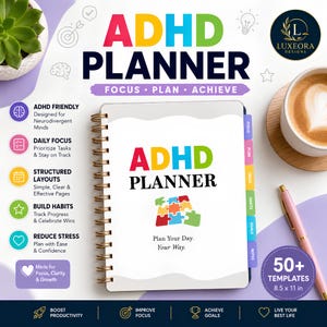 May include: A spiral-bound ADHD planner with a white cover featuring the text ADHD PLANNER and a colorful puzzle piece graphic. The cover includes the text Plan Your Day. Your Way. It has side tabs labeled Focus, Plan, Track, Habits, Goals, and Notes.